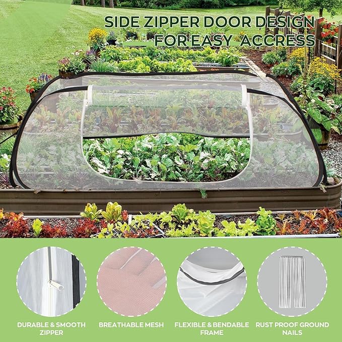 Pop Up Raised Garden Bed Cover -45''x22''x16'' Instant Plant Protection Against Bird, Pests & Squirrel，Plant Net Cover for Raised Bed with Zipper Door for Protecting Vegetable Row