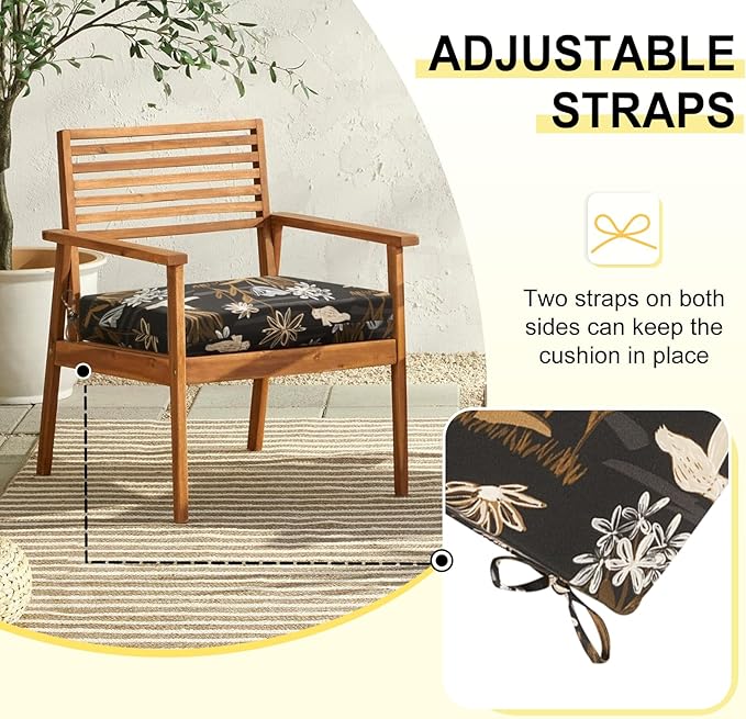 downluxe Outdoor Chair Cushions Set of 4 for Patio Furniture, Water-Resistant Square Corner Patio Chair Cushions with Ties, High Density Foam Outdoor Seat Cushion, 18.5" X 16" X 3", Nightbird
