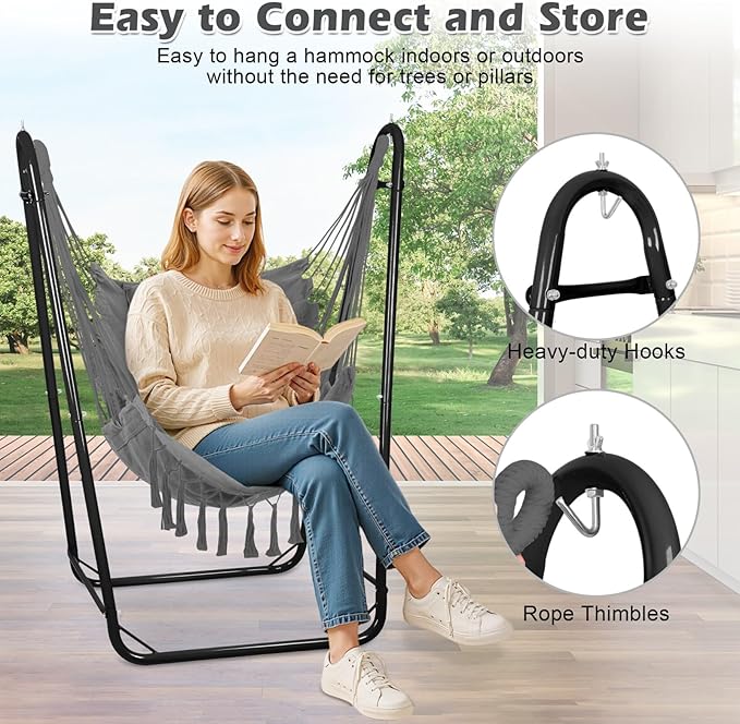 Hammock Chair with U Shape Stand, Cotton Swing Chair with Side Pocket, Heavy-Duty Metal Frame with Hanging Seat, Multi-Functional Swing Stand for Indoor and Outdoor Patio Yard Garden (Black)