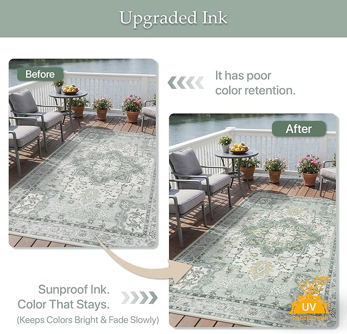 GENIMO Outdoor & Indoor Area Rug 5'x8', Waterproof, Non-Shedding, Easy Cleaning, Boho Mat for Patio, Living Room, Balcony, Dining Room, RV, Deck, Bedroom, Camping, Outside Carpet,Light Green