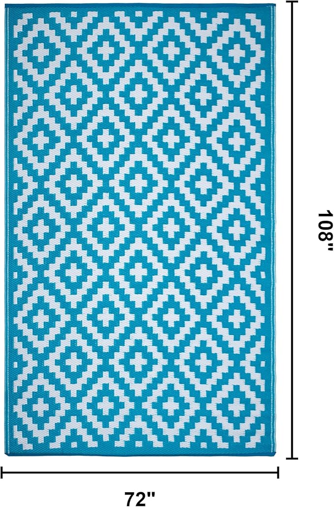 FH Home Outdoor Rug - Waterproof, Fade Resistant, Reversible - Premium Recycled Plastic - Geometric - Large Patio, Deck, Sunroom, Camping, RV - Aztec - Teal & White Crease Free - 6 x 9 ft