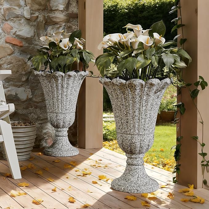 Heavy-Duty 23.6" Tall Urns Planters for Outdoor Plants - Set of 2 Water Storage Base Large Outdoor Planter for Porch, Sandblasting Process Indoor Flower Pots for Home/Garden Vase, Heather Gray