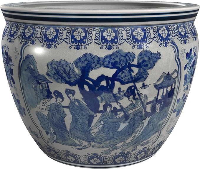 Red Lantern Oriental Furniture 16" Ladies Blue & White Porcelain Fishbowl, Large