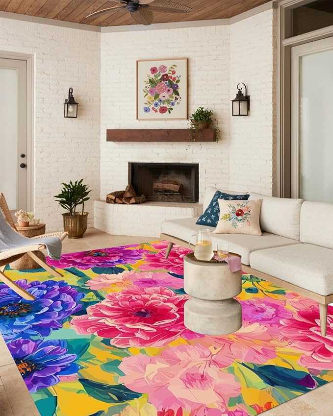 Modern Floral 9x12 Outdoor Area Rug Contemporary Aesthetic Green Purple Pink Flower Texture Rug for Balcony Patio Deck Porch Washable Reversible Garden Large Carpet Waterproof Backyard Mat