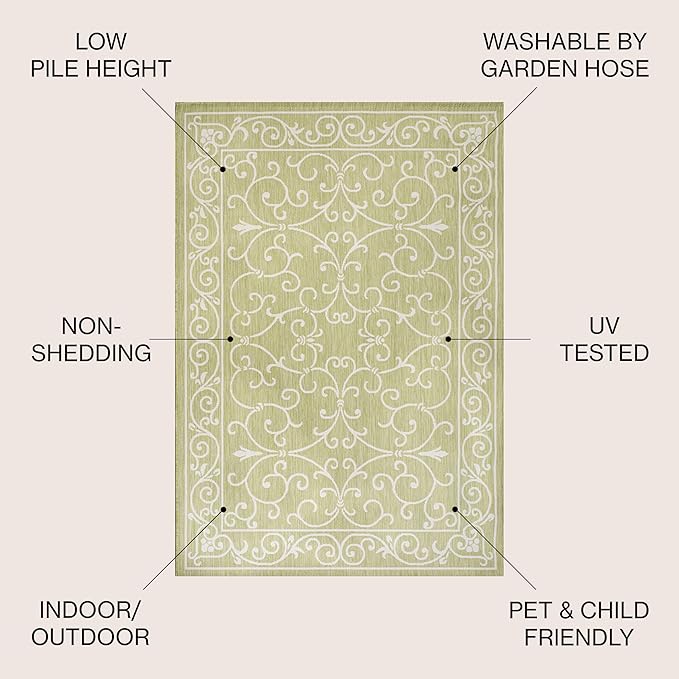 JONATHAN Y Vintage Filigree Indoor Outdoor Square Area Rug 5X5 Green/Cream, Charleston Textured Weave for Backyard, Patio, Porch, Easy-Cleaning, High Traffic, Pet-Friendly, Non-Shedding (SMB106H-5SQ)