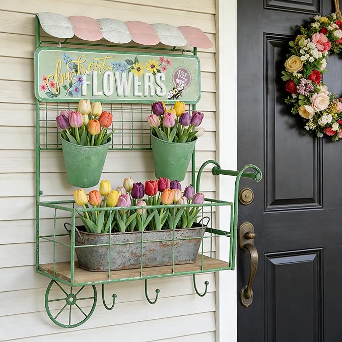 Vintage Rustic Metal Wall Plant Stand for Indoor Outdoor Decor,Garden Wall-Mounted Cart-Shaped Hanging Planter Holder with Flower Buckets & Storage Shelf Hooks for Patio Yard Farmhouse