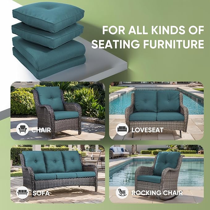 Outdoor Chair Cushion Set, 25 x 22 Deep Seat Cushion, Patio Chair Cushions for Outdoor, Include 1 Seat Cushion and 1 Back Cushion, Peacock Green
