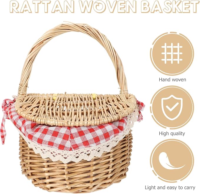 Toyvian Rattan Picnic Basket with Lid Small Wicker Lunch Basket Oval Outdoor Storage for Picnic and Garden Use 10.2X7X6 Inches