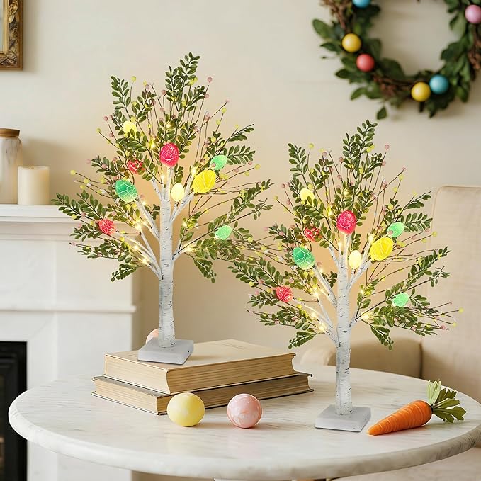 DR.DUDU 27 Inch Easter Decorations for Home – 2 Pack Lighted Easter Trees, Light Up Birch Trees with Easter Egg, Tabletop Spring Decor for Mantel Indoor Office