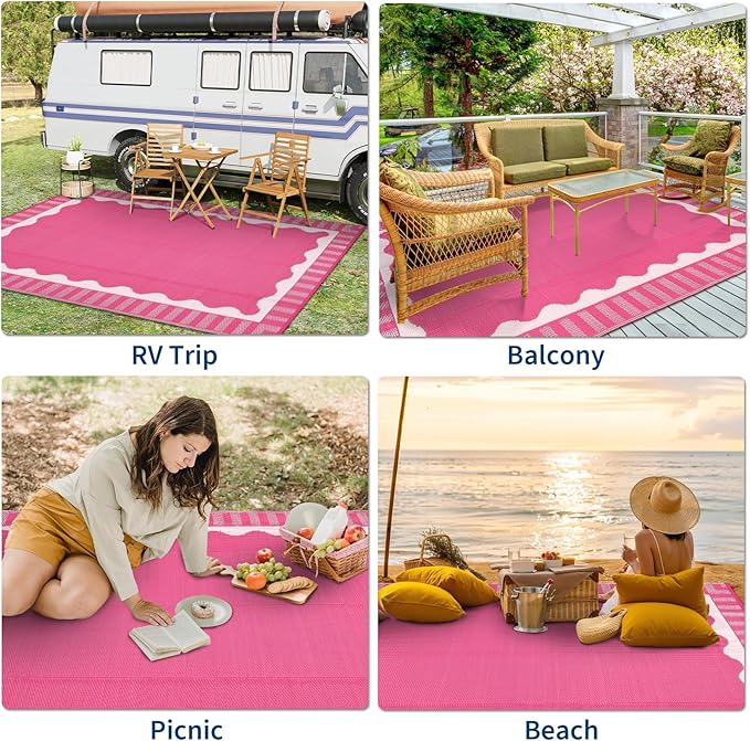 Outdoor Rug 8x10 Waterproof Patio Rugs Scalloped Border Reversible Mat for Front Door Rv Foldable Plastic Straw Carpet for Travel Trailers, Deck, Picnic, Camper, Balcony, Beach，Rose Pink
