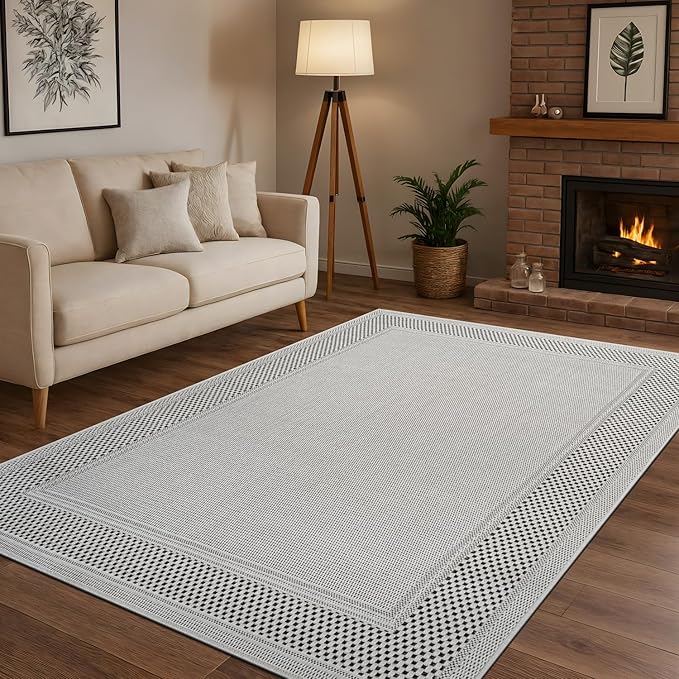 CAMILSON Easy Jute Rug 5x7, Indoor Outdoor Off-White Color Fiber Area Rugs for Living Room Patio and Kitchen Rug Bordered Boho Woven Design, Easy-Cleaning, Washable Outside Carpet (5 x 7)