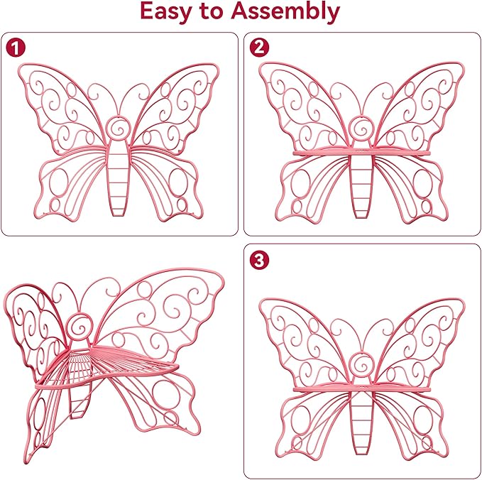 49 Inch Outdoor Bench, Pink Garden Bench with Metal Frame, Weatherproof Butterfly Front Porch Benches for Lawn, Garden, Yard, Balcony