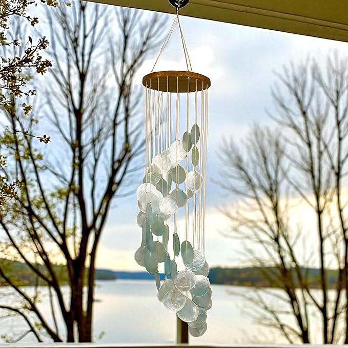 Top Brass Capiz Shell Spiral Wind Chime – 30” Tall Coastal-Inspired Outdoor & Indoor Hanging Chime with Stainless Hanging Ring – Relaxing Breezy Sound for Patio, Porch, Garden Décor