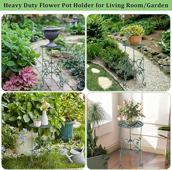 OwnMy Cast Iron Tall Plant Stand Heavy Duty Vintage Wrought Iron Flower Pot Holder, Decorative 1-Tier Potted Plant Holder Rack, Indoor Outdoor Large Metal Plant Stand for Patio Garden, Antique Green