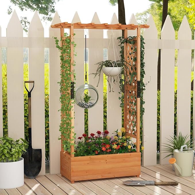 S AFSTAR 72 Inch Raised Garden Bed with Arch Trellis, Hanging Roof & Drainage Holes, 2 Pieces Vertical Plant Container for Vine Climbing Plant Flower, Outdoor Wood Elevated Planter Box for Garden