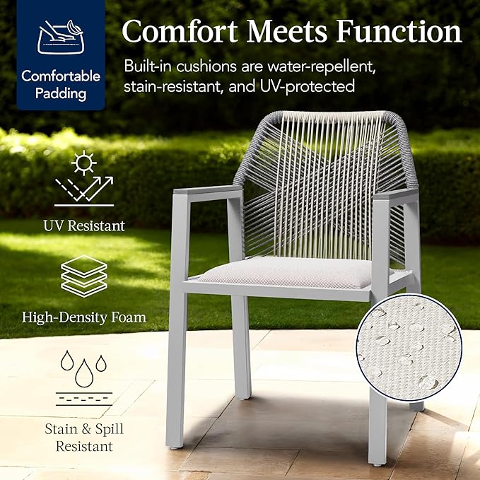 Best Choice Products Outdoor Dining Arm Chair Set of 2, Aluminum Frame with Armrest, All-Weather Woven Rope Chair Design - Gray/Meteor