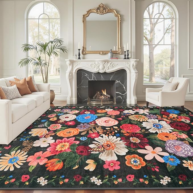 Black Area Rugs 9x12 Living Room Washable Rug Non Slip Floral Low Pile Large Rug for Living Room, Bedroom, Farmhouse, Dining Room, Kids Playroom(9 x 12, Black Garden)
