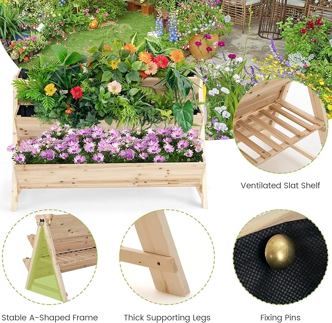S AFSTAR 3-Tier Vertical Garden Bed, Wooden Elevated Planter Bed with Legs, Storage Shelf, 2 Hooks, Raised Bed Kit for Flower Vegetable Herb, Outdoor Plant Box Stand for Yard Garden & Balcony