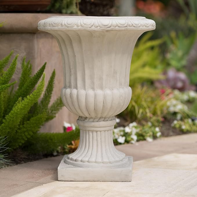 Merax 26.5 Inches Italian Urn Planter, Antique Garden Urn for Patio & Indoor Decor, Handmade Classic Planter, Antique White