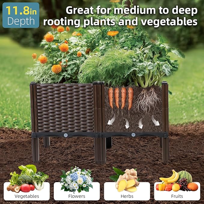 Rattan Raised Garden Bed with Legs-Rectangular Elevated Deep Planters for Outdoor Plants, Self Watering Planter Box 32"L x 16"W x 20"H, Rectangular Deep Garden Bed for Vegetables, Flowers, Herbs