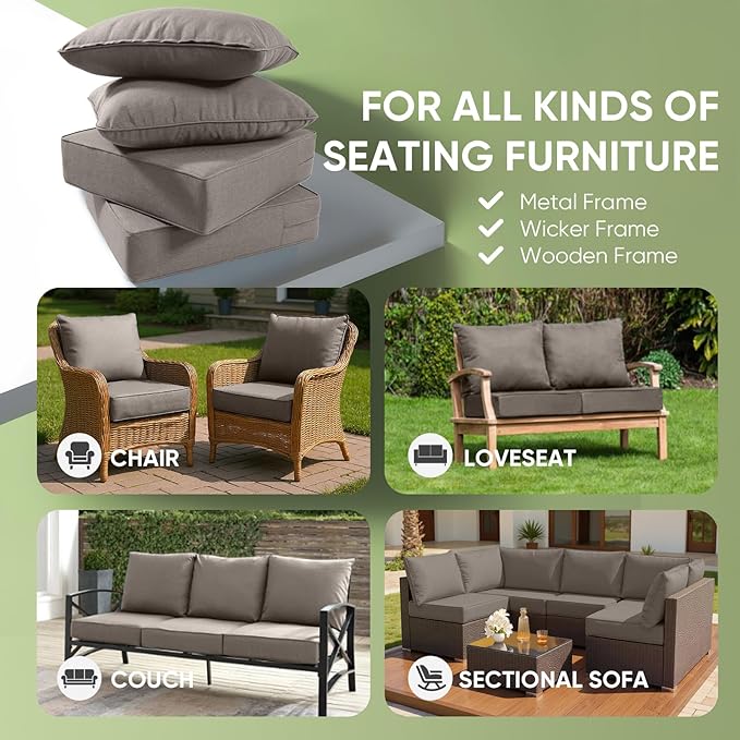 Outdoor Chair Cushions Set of 3, Waterproof 24x24 Patio Chair Cushion, 6" Thickened Seat Cushion for Outdoor Furniture, Couch Cushion Replacement, Include 3 Back & 3 Seat Cushions, Thick/Grey