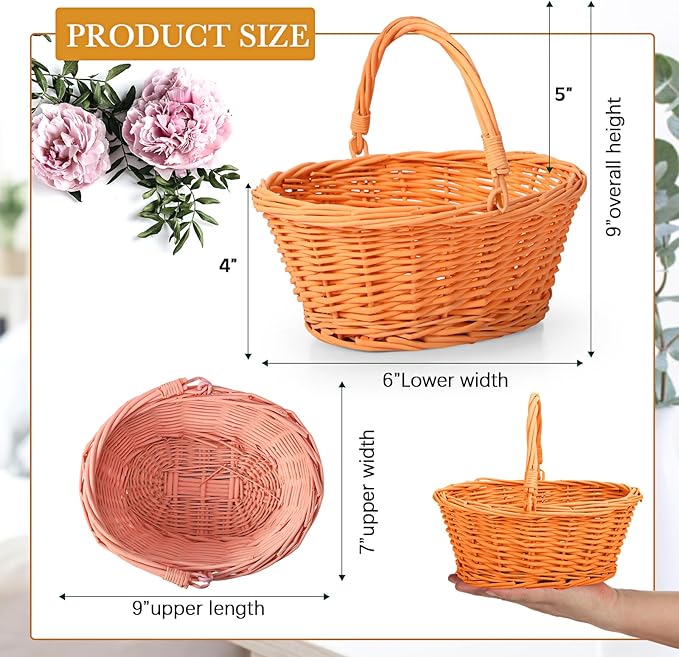Barydat 6 Pcs Small Wicker Picnic Basket with Handle Flower Girl Baskets Oval Willow Woven Braided Gift Basket for Easter Weddings Baby Shower Home Garden Decor (Colorful,9" x 7" x 4")