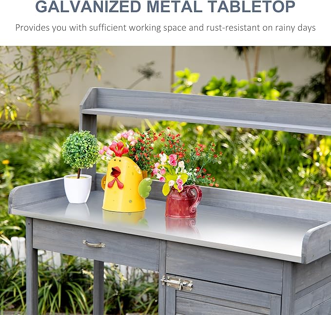 Outsunny Outdoor Potting Bench Table, Garden Work Station with Storage Cabinet, Open Shelf and Steel Tabletop, Gray