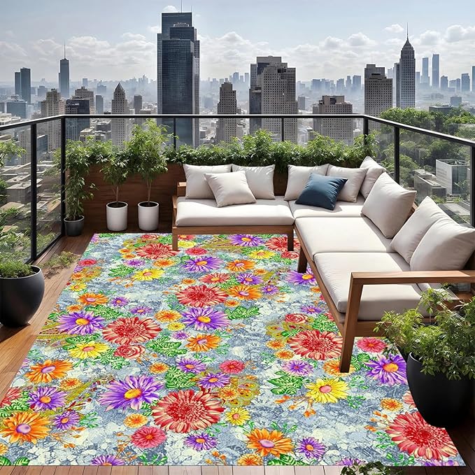 Red Yellow Art Deco Floral Flower Pattern Modern Outdoor Rug 7x12 Waterproof Washable Boho Patio Deck Porch Large Area Rug Non Slip Cute Outside Carpet for Garden Camping Backyard