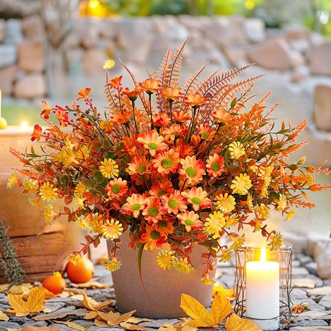 Fall Flowers Artificial for Thanksgiving Decoration, Artificial Mums for Outdoors, 20 Bundles Fake Fall Flowers Plants, Faux Mums for Outdoor Planters, Indoor Home Porch Decor (Early Harvest)