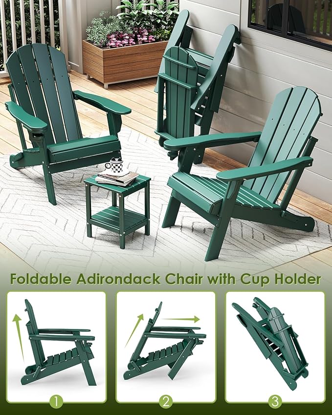 GREENVINES Folding-Adirondack-Chairs-Set-of-6 | HDPE Plastic | Fire Pit Chair | All Weather | Cup Holder | Forest | for Deck Backyard Patio Outdoor Garden