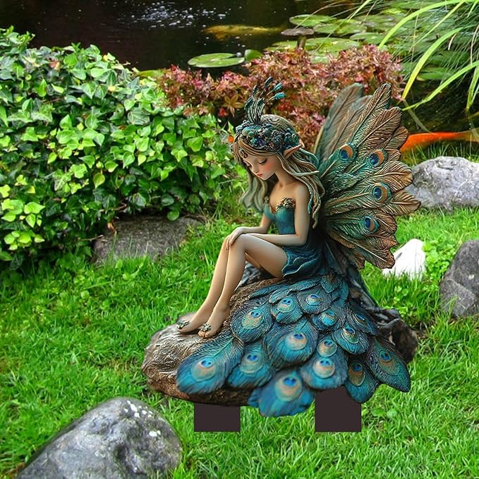 Bohemian Fairy Flower Pot Decoration, Flower Fairy Planter Pots Decor, Fairy Garden Accessories, Bohemian Fairy Flower Pot Decor for Home or Garden (Peacock Elf)