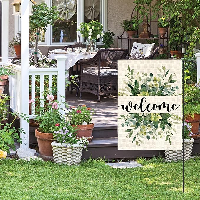 AVOIN colorlife Spring Summer Floral Welcome Garden Flag 12x18 Inch Double Sided Outside, Eucalyptus Seasonal Farmhouse Yard Outdoor Flag