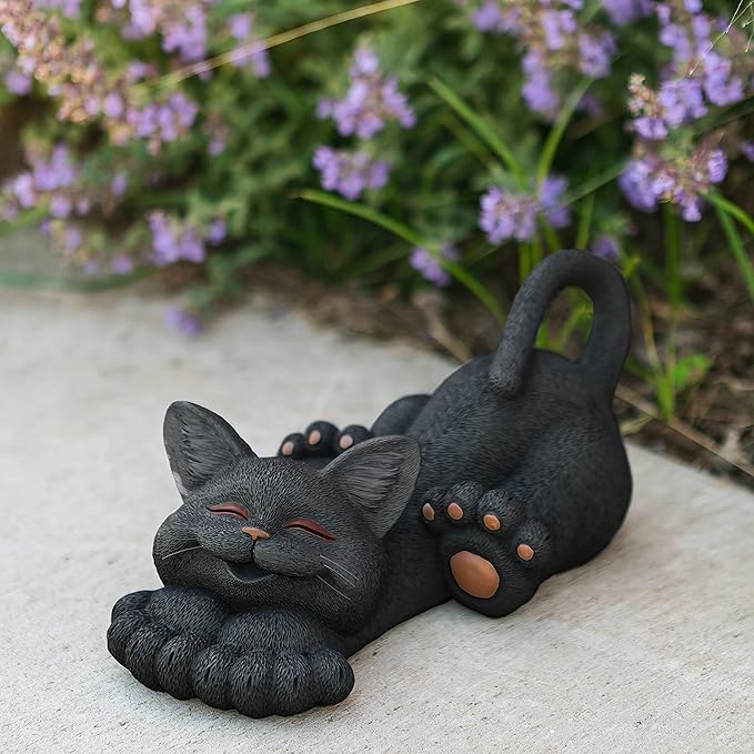 JFSM INC. 12" Whimsical Lounging Black Cat Garden Statue - Indoor Outdoor Relaxed Zen Cat Sculpture - Cat Lover Gifts, Decorations for Patio Yard Lawn Porch