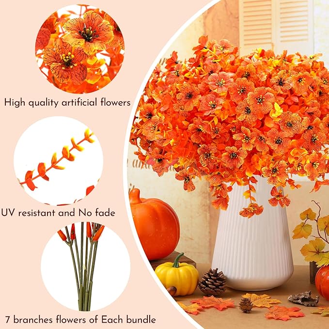 12 Bundles Artificial Fall Fake Mums for Outdoor, Autumn Faux Mums Flowers UV Resistant Plastic Greenery Garden Porch Patio Fall Thanksgiving Home Decor