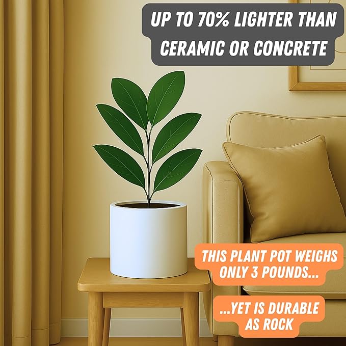 Fox & Fern 8 Inch Plant Pot with Drainage Plug — Premium Lightweight Fiberstone Matte White Planter - Indoor & Outdoor Planter - 8 Inch Pots for Plants - Weather Resistant & UV Resistant