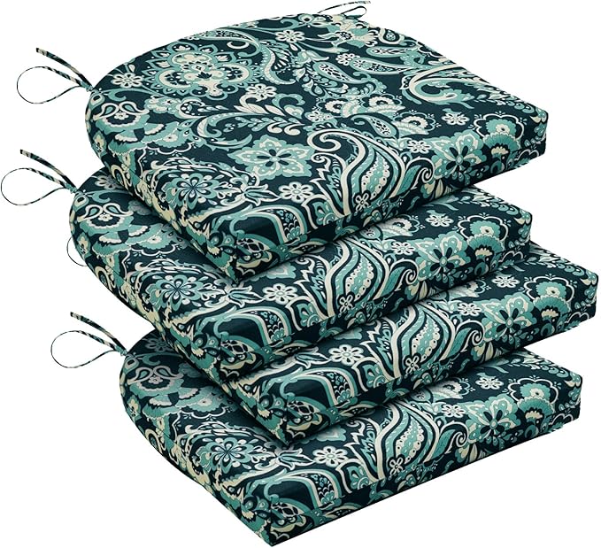 downluxe Outdoor Chair Cushions Set of 4 for Patio Furniture, Water-Resistant Patio Chair Cushions with Ties, High Density Foam Outdoor Seat Cushion, 17" X 16" X 2", Green Paramecium
