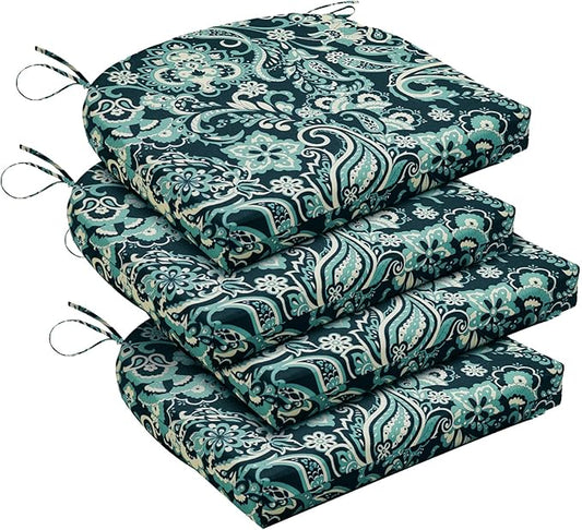 downluxe Outdoor Chair Cushions Set of 4 for Patio Furniture, Water-Resistant Patio Chair Cushions with Ties, High Density Foam Outdoor Seat Cushion, 17" X 16" X 2", Green Paramecium