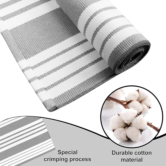 OJIA Front Door Rug 24''x51'' Gray and White Striped Outdoor Rug Machine Washable Porch Rug Front Door Mat Outdoor Indoor Area Rugs Cotton Woven Entry Mat for Home Entrance/Farmhouse Decor