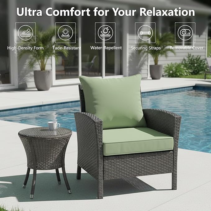 22x22 Inch Patio Chair Cushion with Removable Cover, Outdoor Furniture Cushion - Water-Repellent, Fade-Resistant, Non-Slip Bottom & Straps, Replacement for Lawn, Porch & Deck Chair - Sage Green