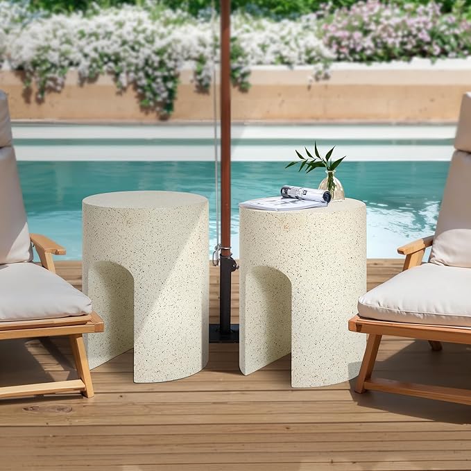 LuxenHome Mod Cream Cement Round with U-Shape Outdoor Side Table, Set of 2