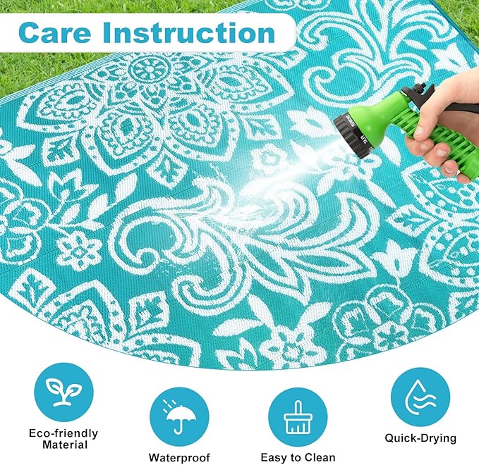 Findosom Waterproof Outdoor Rug 8' x 10' - Reversible Mandala Outdoor Plastic Straw Rug, Durable Foldable Patio Rug for RV, Deck, Balcony, Backyard, Picnic, Porch, Camping, Beach, Blue