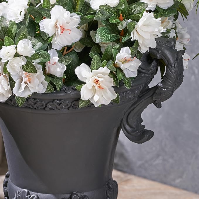 Christopher Knight Home Jorine Patio Planter, Light Concrete Planter, Mid-Centry Gadern Urn, Floral Relif Design Plant Pot, Large Garden Pot, Flower Urn with Drainage Hole for Backyard Home, Black