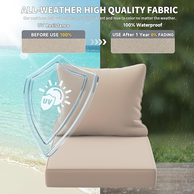 UDPATIO Outdoor Cushions for Patio Furniture, 24 x 24 Outdoor Deep Seat Cushions with Waterproof Fade Resistant, Outdoor Chair Cushions with Adjustable Snaps, Removable Cover and Handle, Beige