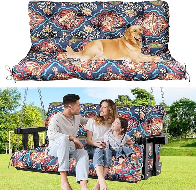 60" Porch Swing Cushion with Backrest, Waterproof Outdoor Bench Swing Cushions 3 Seater Replacement Thickened Swing Cushions with Ties for Patio Garden Backyard,Bohemian,60x40in