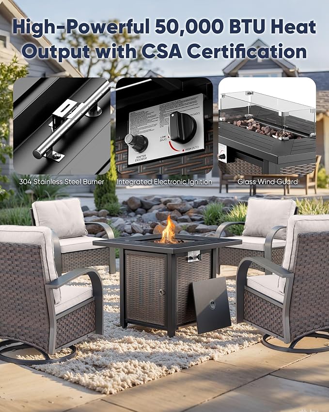 HUMMUH Patio Furniture Set with Fire Pit Table-Patio Chairs Set of 4 Outdoor Wicker Chairs for Deck Porch Garden Poolside Backyard-Brown/Beige