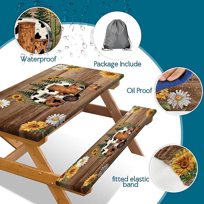 Picnic Table Cover with Bench Covers, Sunflower Wood RV Essentials Waterproof Windproof Camping Tablecloth with Drawstring Bag, for Indoor & Outdoor, Garden, Camping 3PCS, 72in, Brown