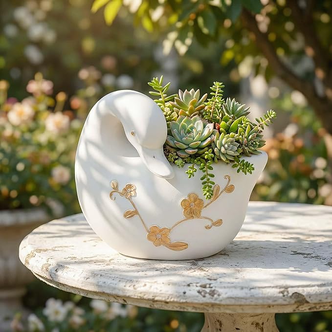 Swan Flower Pot - Unique Resin Sculpture, Enchanting Decorative Garden Planter, Elegant Swan Vase for Succulents & Air Plants, Indoor/Outdoor Use, Durable & Whimsical Design (White)