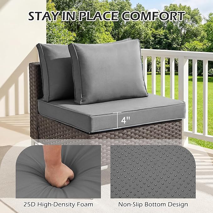 HOMREST Replacement Cushions for Outdoor Furniture, 25x25 Inch 14-Piece Patio Furniture Cushions, Waterproof Fade Resistant Non-Slip Cushion Set for 6-Seat Rattan Wicker Conversation Sets, Dark Gray