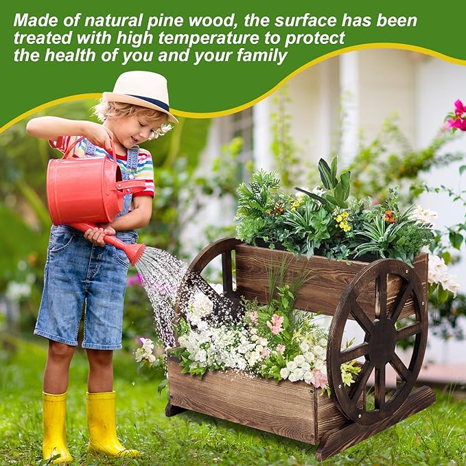Wooden Wagon Planter Box Decorative Wooden Cart Rustic Flower Pot Garden Wagon Decor with Wheels for Indoor Outdoor Patio Garden Balcony Backyard Decoration (1 Pcs,Unmovable Carriage Style)