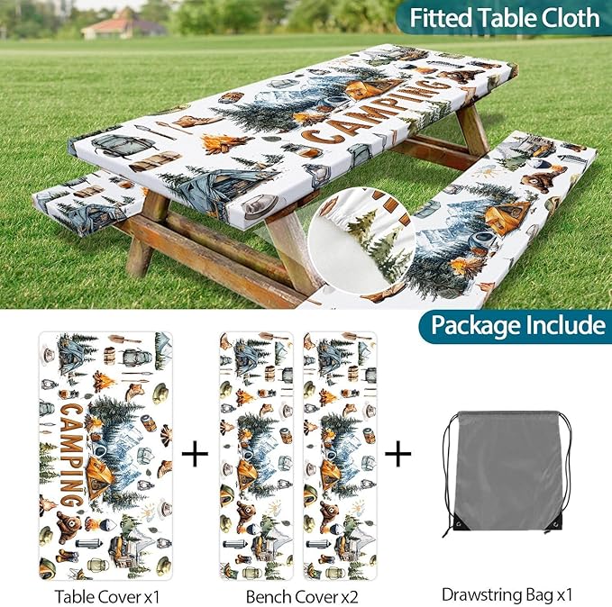 Picnic Table Cover with Bench Covers Camping Tablecloth Fitted Picnic Picnic Table Cover with Elastic Windproof Waterproof, Outdoor & Garden Camping Accessories Essentials 60In 3PCS